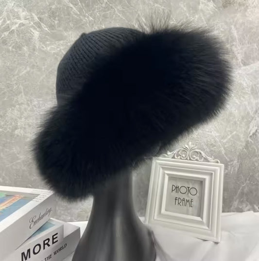 Bonnet d’Hiver en Maille Polyester & Véritable Fourrure de Renard – Noir